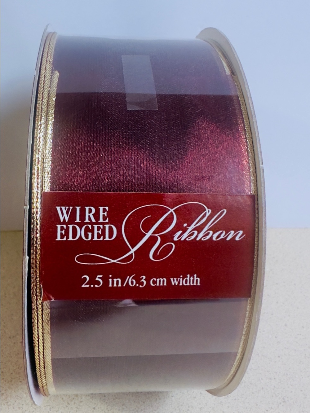 Kirkland Signature Wire Edged Burgundy Ribbon with Gold Trim 2.5โ wide 50 Yds